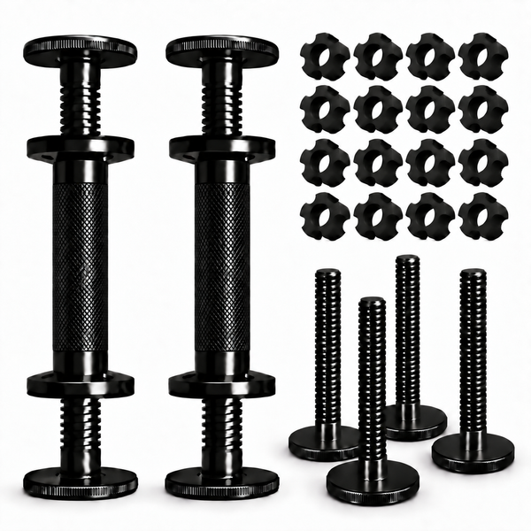 AdaptaBELL MAX bundle with two diamond-knurled handles, 16 centering adapters and four extension pegs