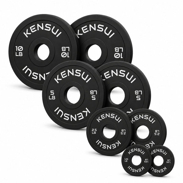 Kensui black change plate full set with pairs of 1.25, 2.5, 5 and 10 lb plates, eight plates totaling 37.5 lb