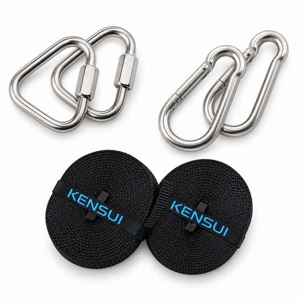 Kensui accessory kit with two silver triangular screw links, two silver snap hooks, and two rolled black straps with blue Kensui branding on a white background.