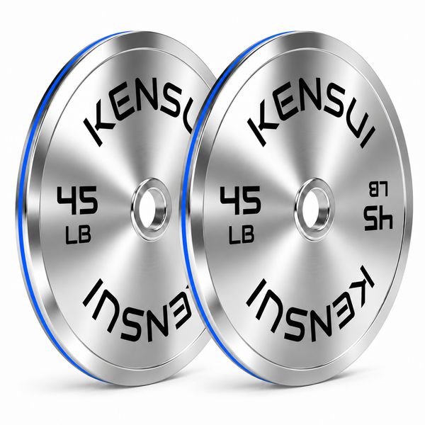 Pair of Kensui 45 lb calibrated chrome weight plates on a white background