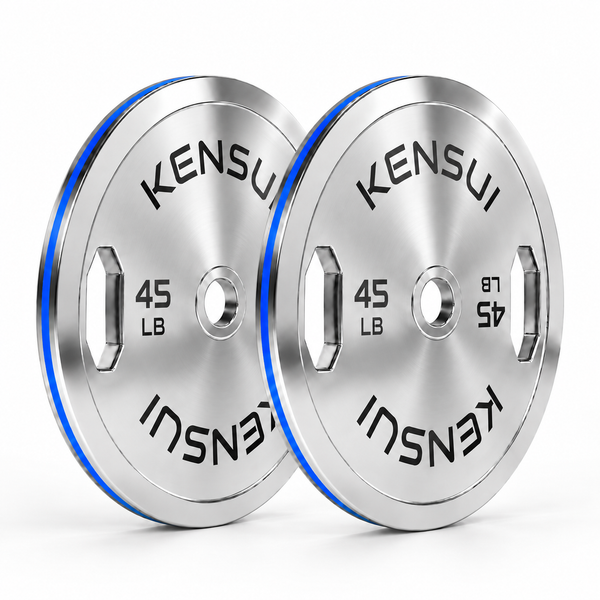 Pair of Kensui 45 LB chrome grip calibrated plates with blue rim stripes, shown on white.