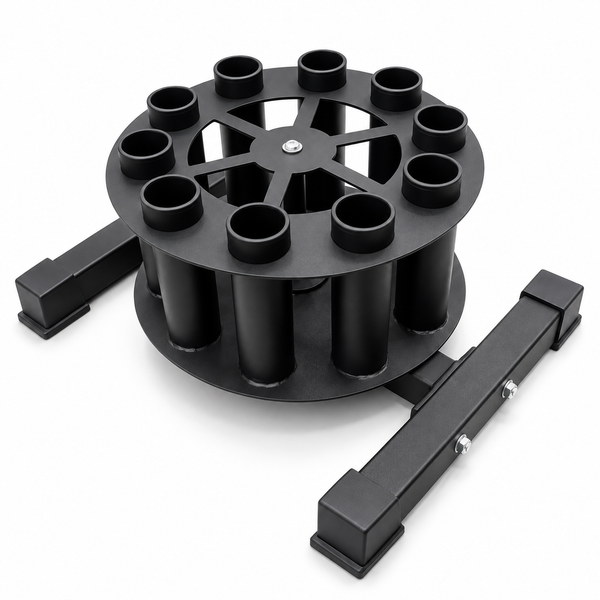 Kensui REVO RACK with ten empty barbell storage tubes and a wide steel base on a white background
