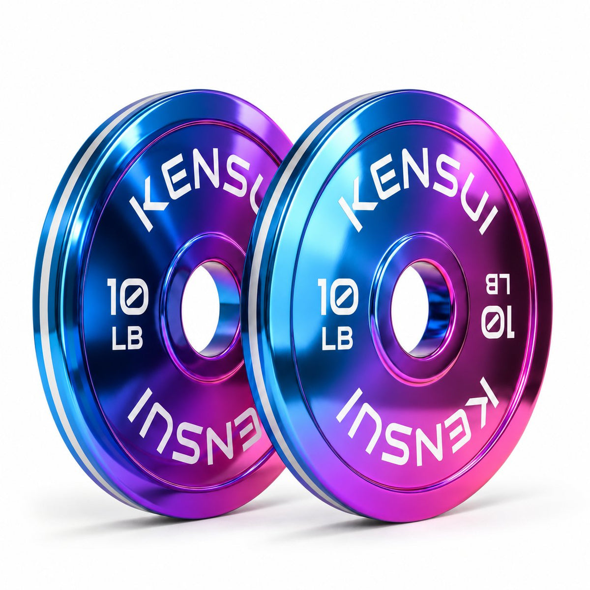 Kensui CHROMAFORGE 10 lb weight plate pair with polished iridescent chrome finish on white background