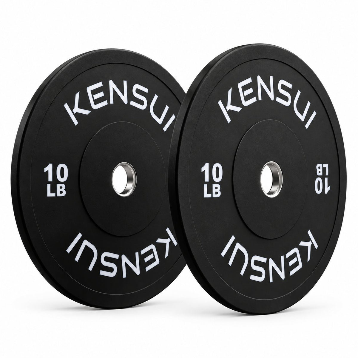 Pair of Kensui 10 lb black rubber bumper plates with white weight markings and steel center inserts, photographed on white.