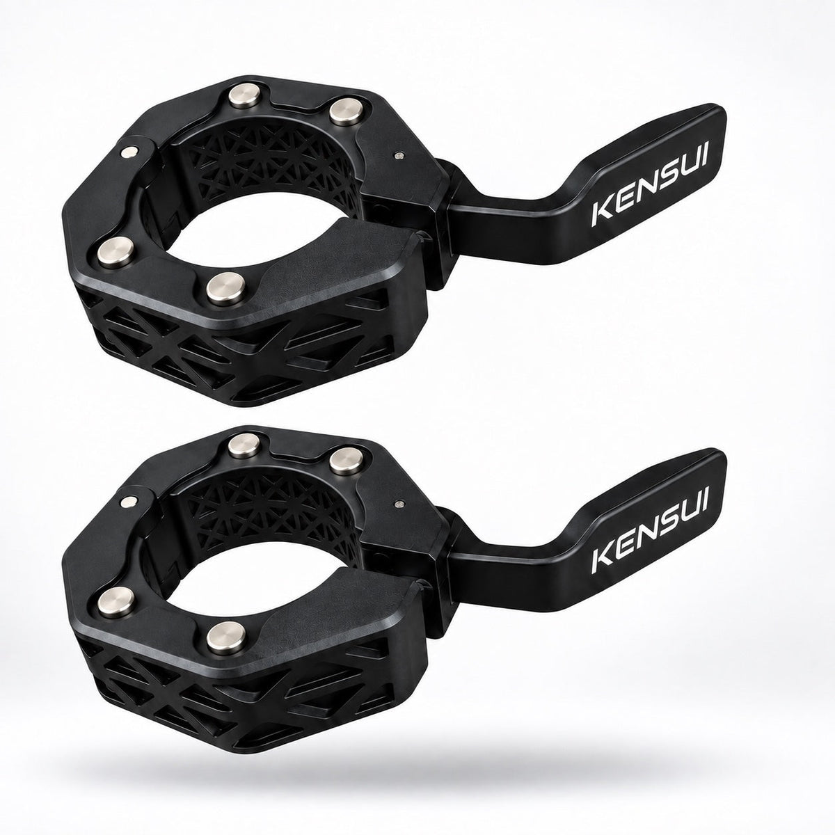 Pair of black Kensui magnetic Olympic barbell collars floating with aligned open levers