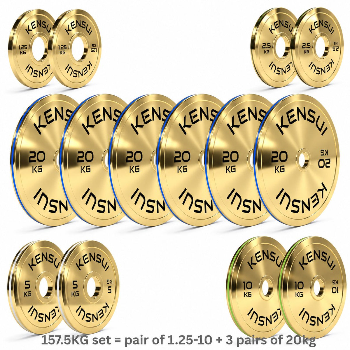 Kensui calibrated gold chrome weight plates, 157.5 kg set