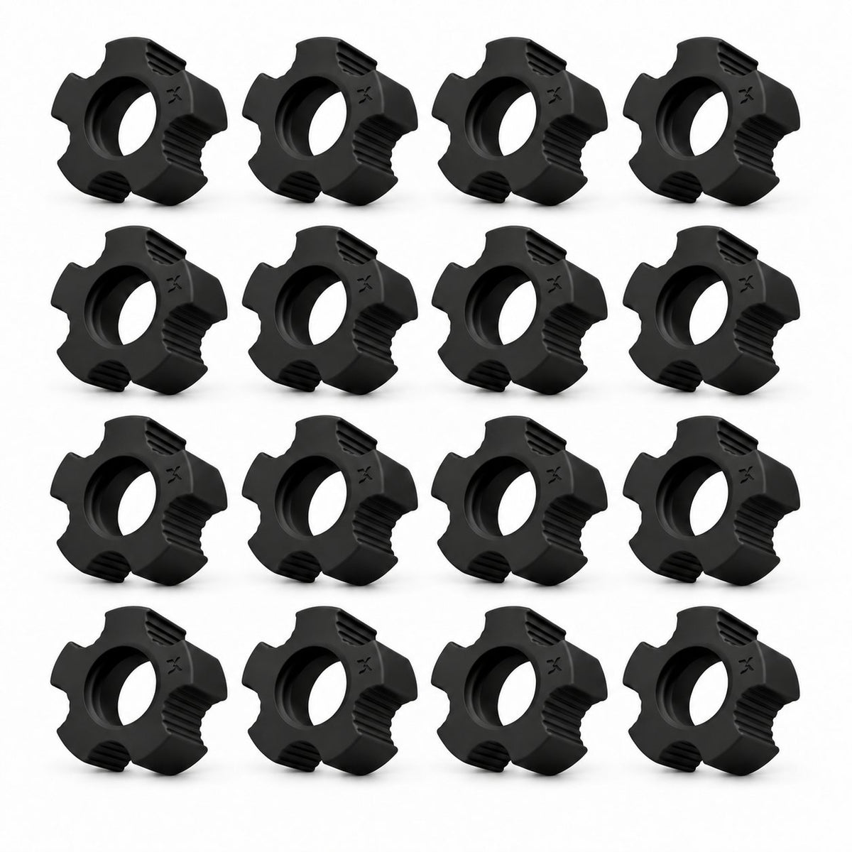 Pack of 16 black PA6-GF30 AdaptaBELL centering adapters arranged in a grid on white.