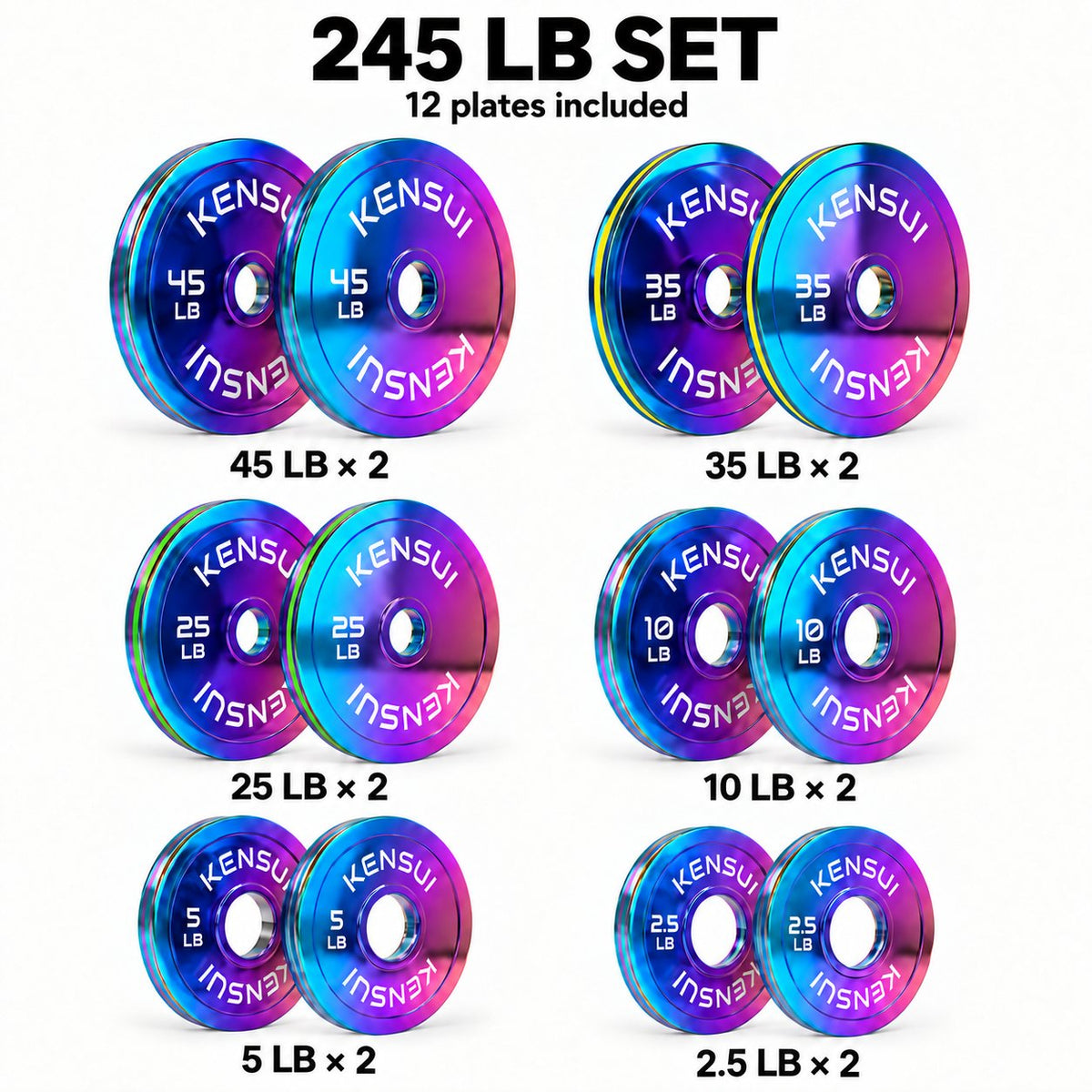Kensui CHROMAFORGE 245 lb set: 2 × 45 lb plates and two each of 35, 25, 10, 5 and 2.5 lb; green 25 lb and yellow 35 lb rim stripes