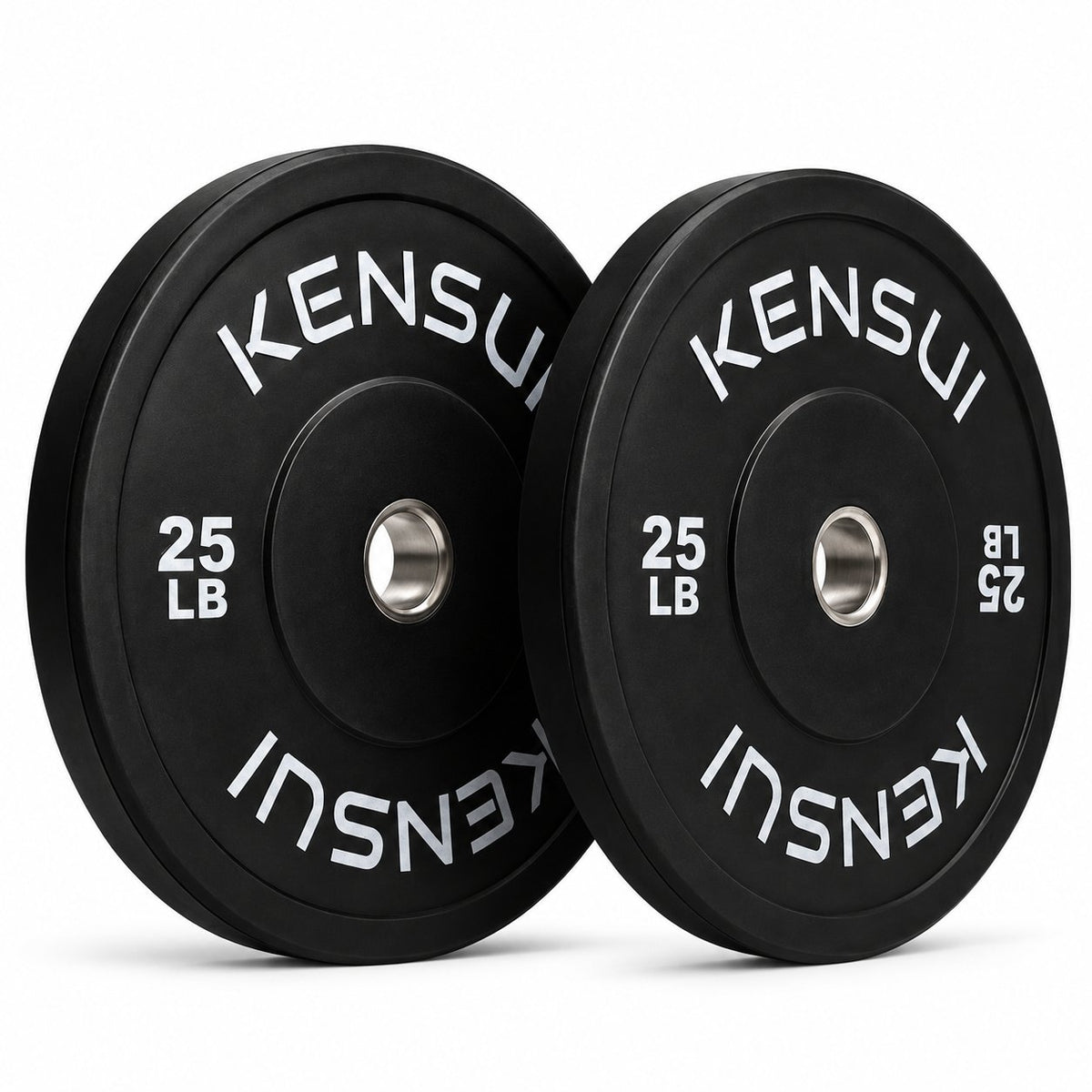 Pair of Kensui 25 lb black rubber bumper plates with white weight markings and steel center inserts, photographed on white.