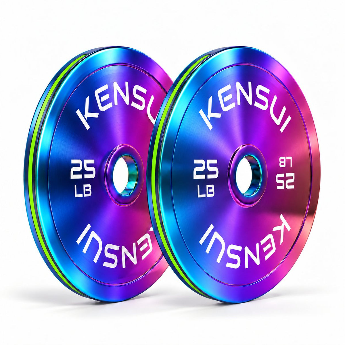 Kensui CHROMAFORGE 25 lb weight plate pair with polished iridescent chrome finish on white background
