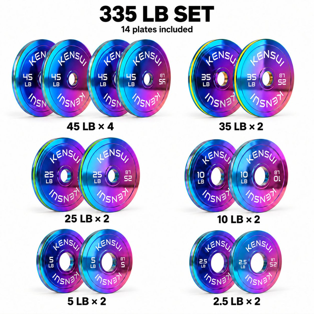 Kensui CHROMAFORGE 335 lb set: 4 × 45 lb plates and two each of 35, 25, 10, 5 and 2.5 lb; green 25 lb and yellow 35 lb rim stripes