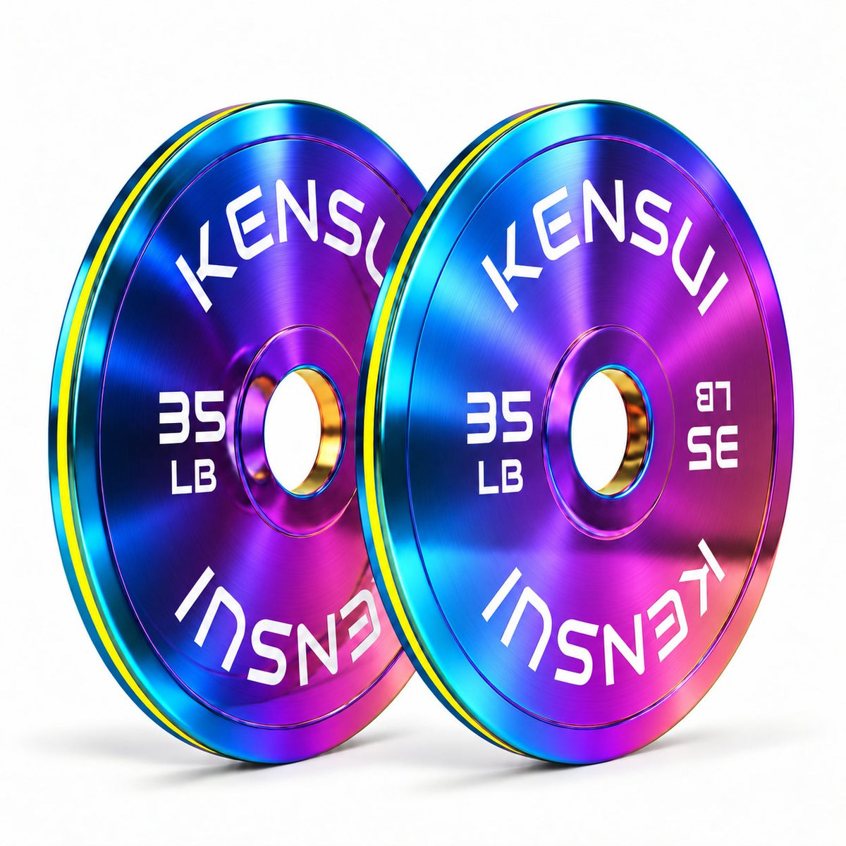Kensui CHROMAFORGE 35 lb weight plate pair with polished iridescent chrome finish on white background