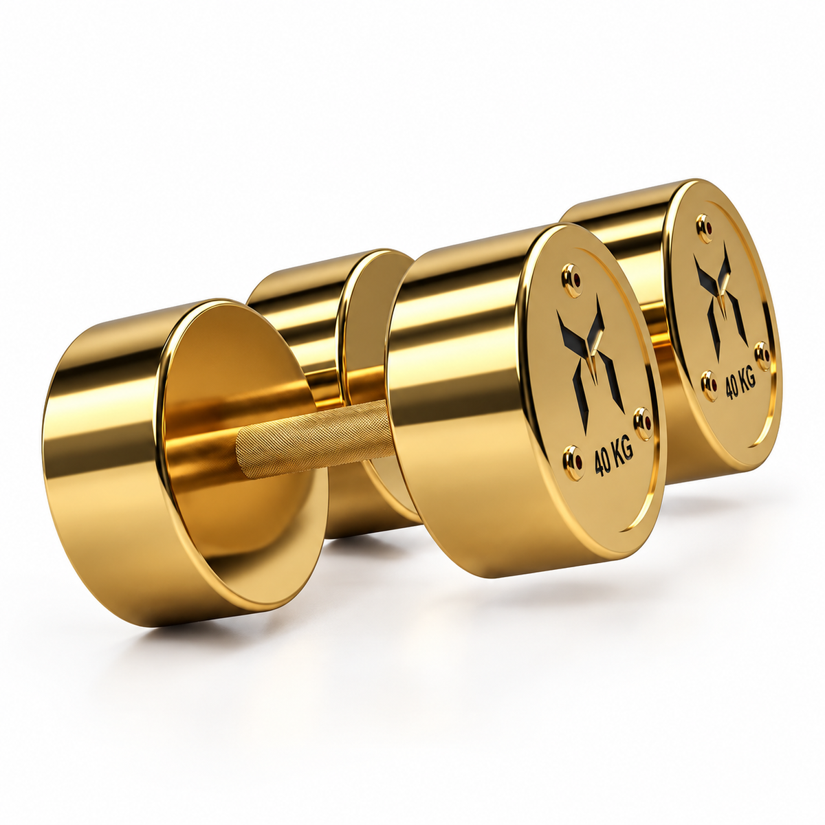 Pair of polished gold 40 kg dumbbells on a white background