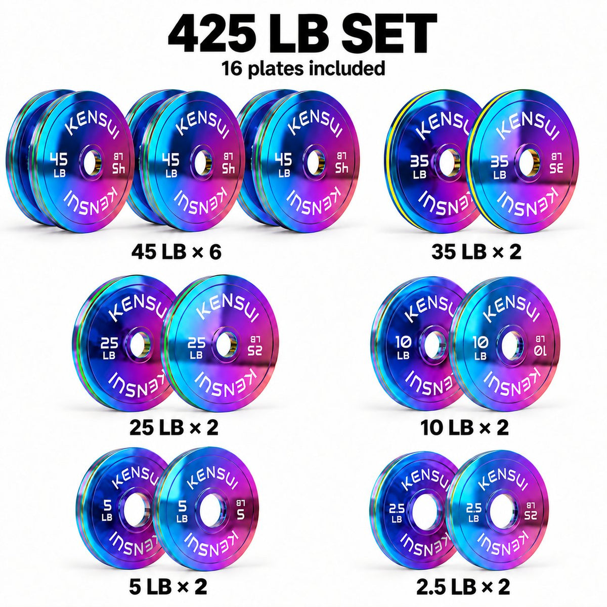 Kensui CHROMAFORGE 425 lb set: 6 × 45 lb plates and two each of 35, 25, 10, 5 and 2.5 lb; green 25 lb and yellow 35 lb rim stripes