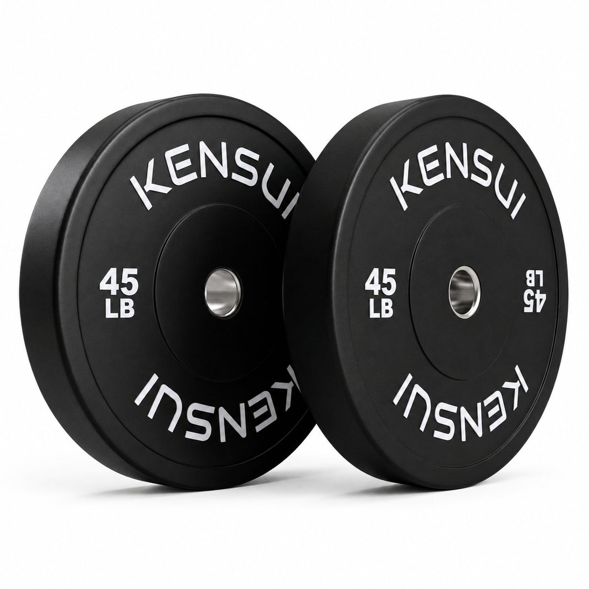 Pair of Kensui 45 lb black rubber bumper plates with white weight markings and steel center inserts, photographed on white.