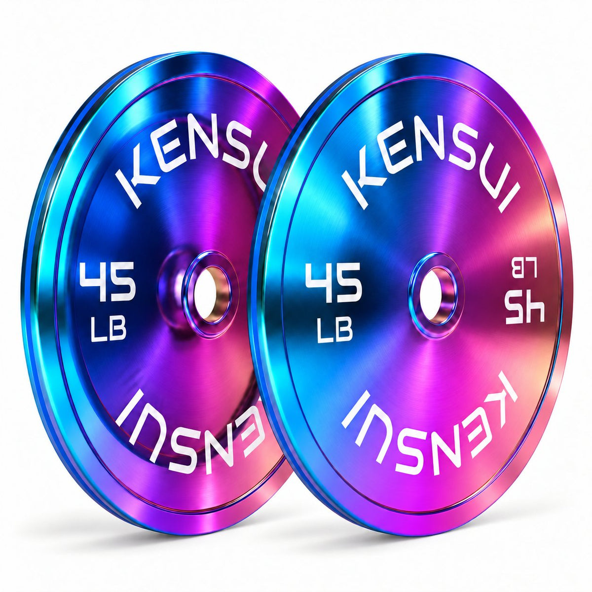 Kensui CHROMAFORGE 45 lb weight plate pair with polished iridescent chrome finish and subtle rose gold highlights on white background