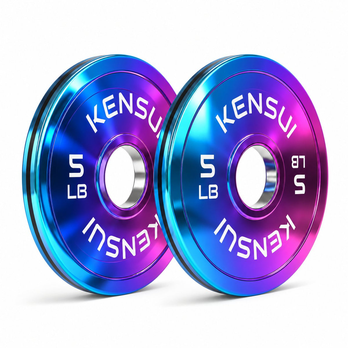 Kensui CHROMAFORGE 5 lb weight plate pair with polished iridescent chrome finish on white background
