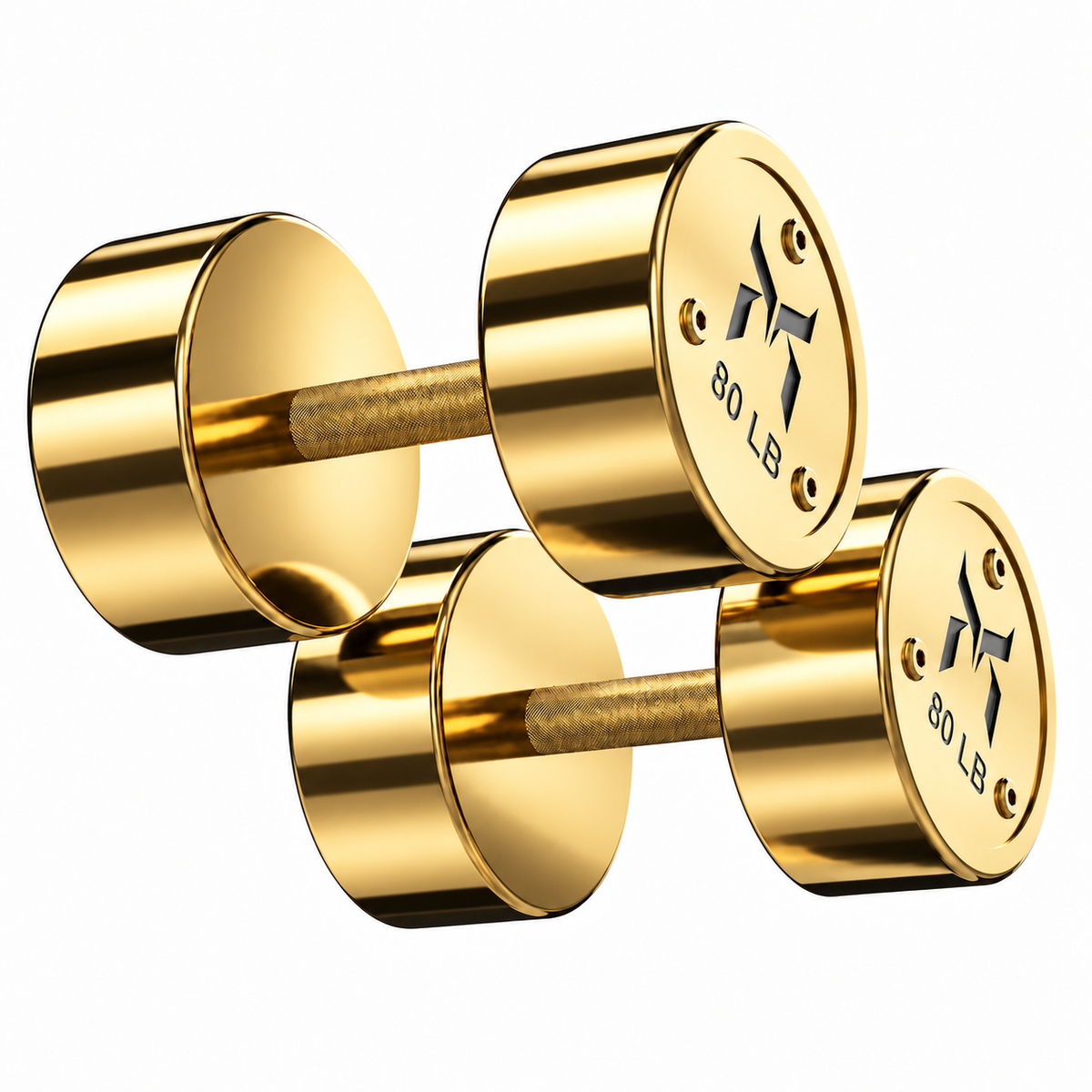 Pair of mirror-polished gold 80 lb dumbbells with textured grips on a white background
