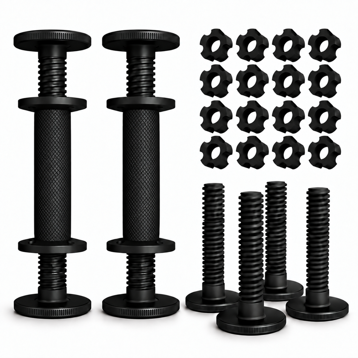 AdaptaBELL PRO bundle with two diamond-knurled handles, 16 centering adapters and four extension pegs