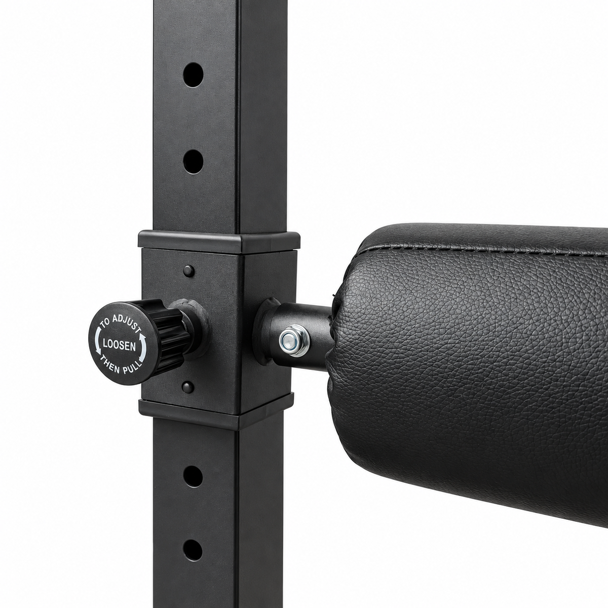 Close-up of the Adjustable Split Squat Stand’s height adjustment knob, steel post, and padded foot roller on a white background.