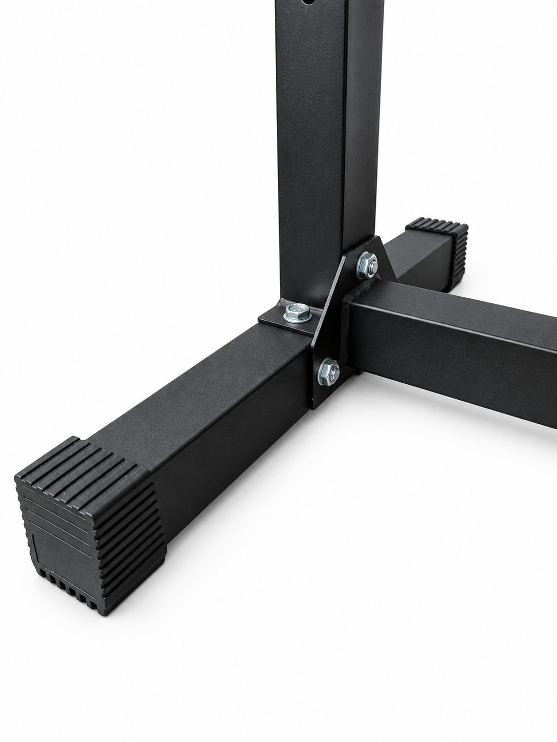 Close-up of the Adjustable Split Squat Stand’s steel base, support bracket, bolts, and rubber feet on a white background.