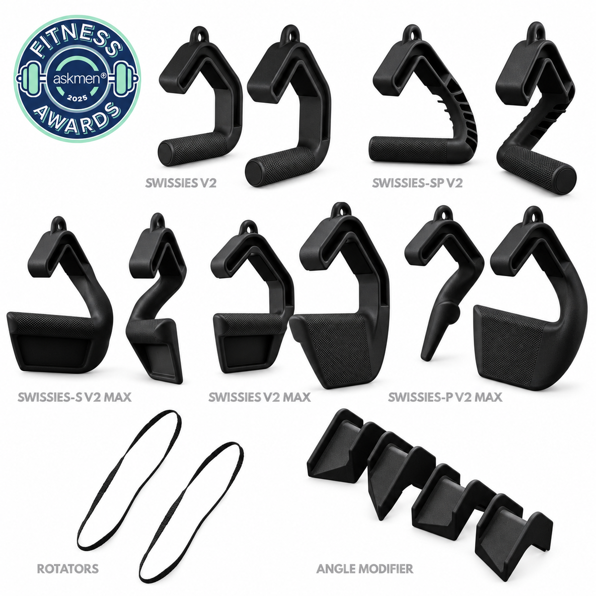 Black Swissies Back Blaster Bundle with five pairs of grips, two rotator straps and four angle modifiers.