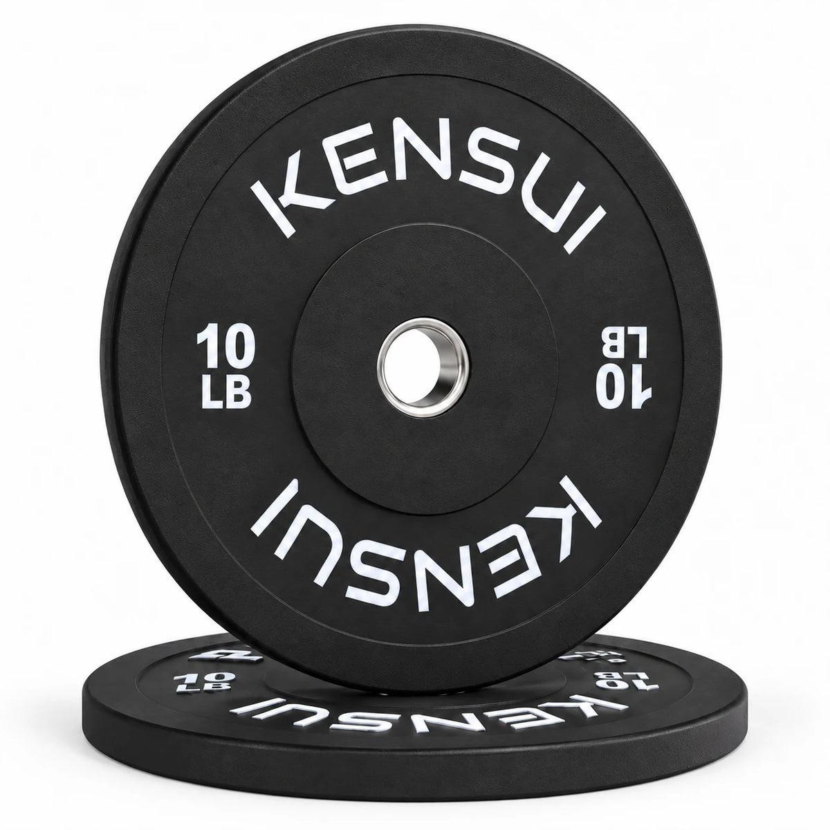 Pair of Kensui 10 lb black bumper plates, one upright on a matching flat plate, with white weight markings and steel inserts.