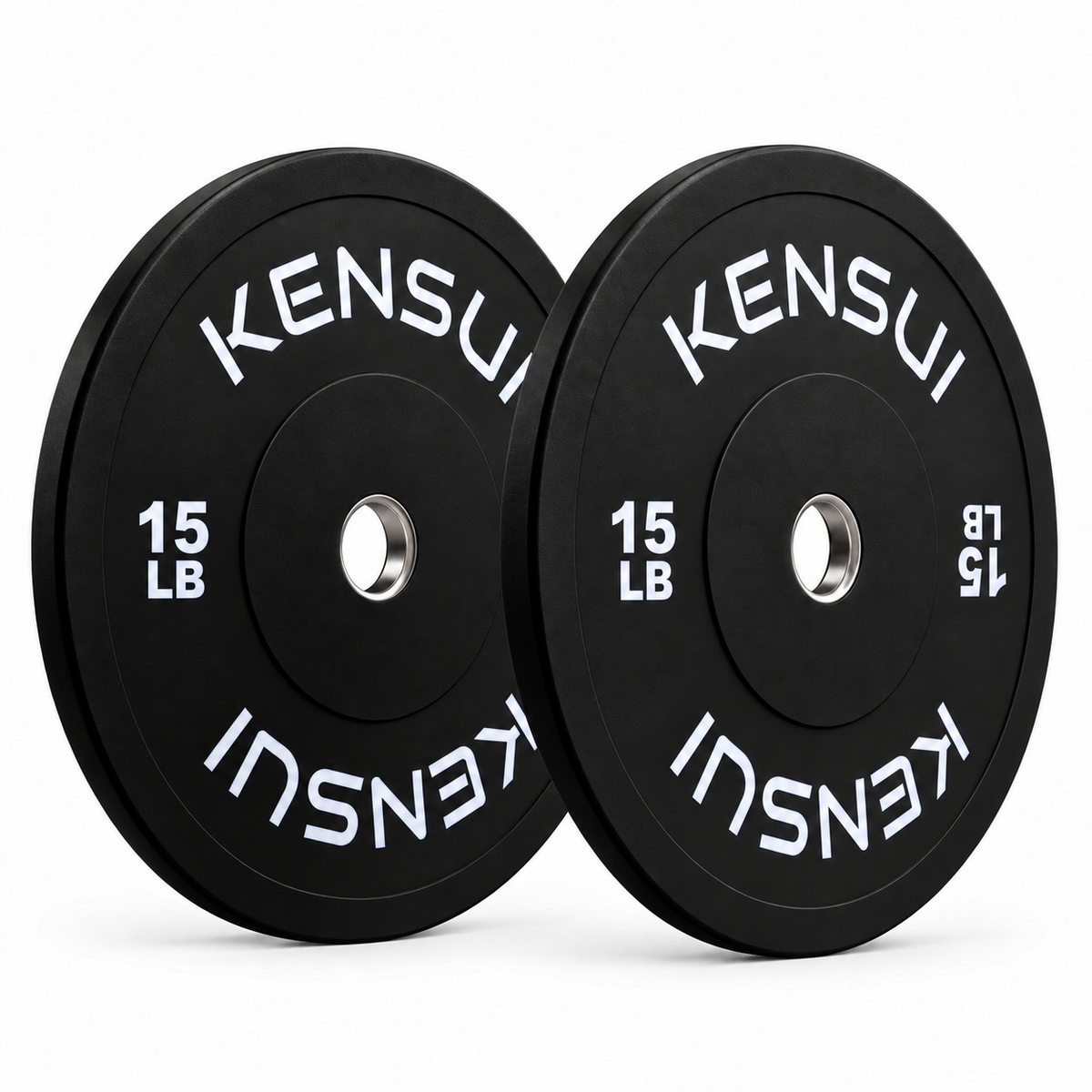 Pair of Kensui 15 lb black rubber bumper plates with white weight markings and steel center inserts on white.