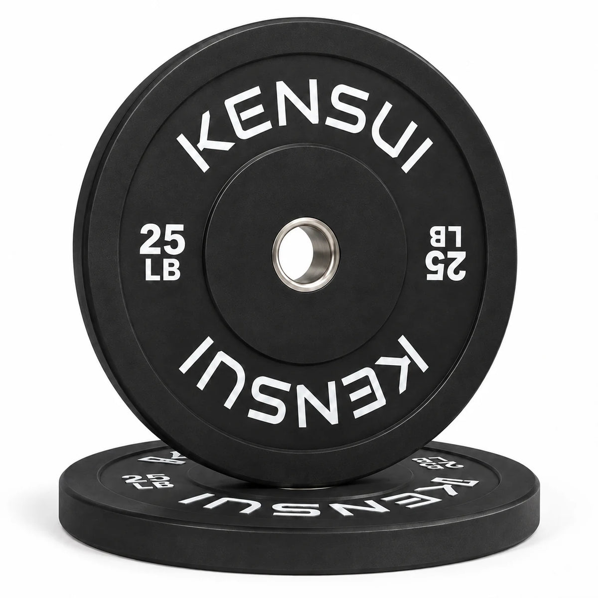 Pair of Kensui 25 lb black bumper plates, one upright on a matching flat plate, with white weight markings and steel inserts.