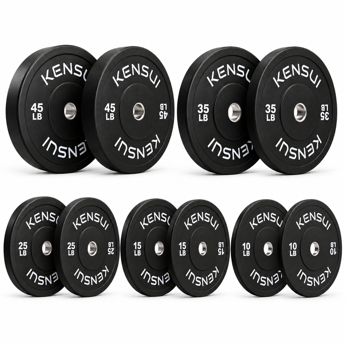 Kensui 260 lb black bumper plate set: ten plates, two each of 10, 15, 25, 35, and 45 lb, on white.