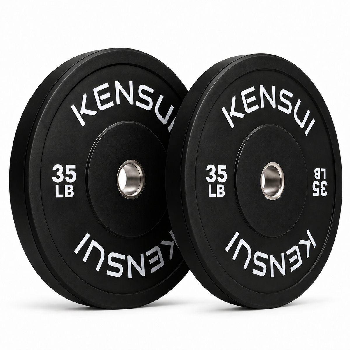 Pair of Kensui 35 lb black rubber bumper plates with white weight markings and steel center inserts on white.