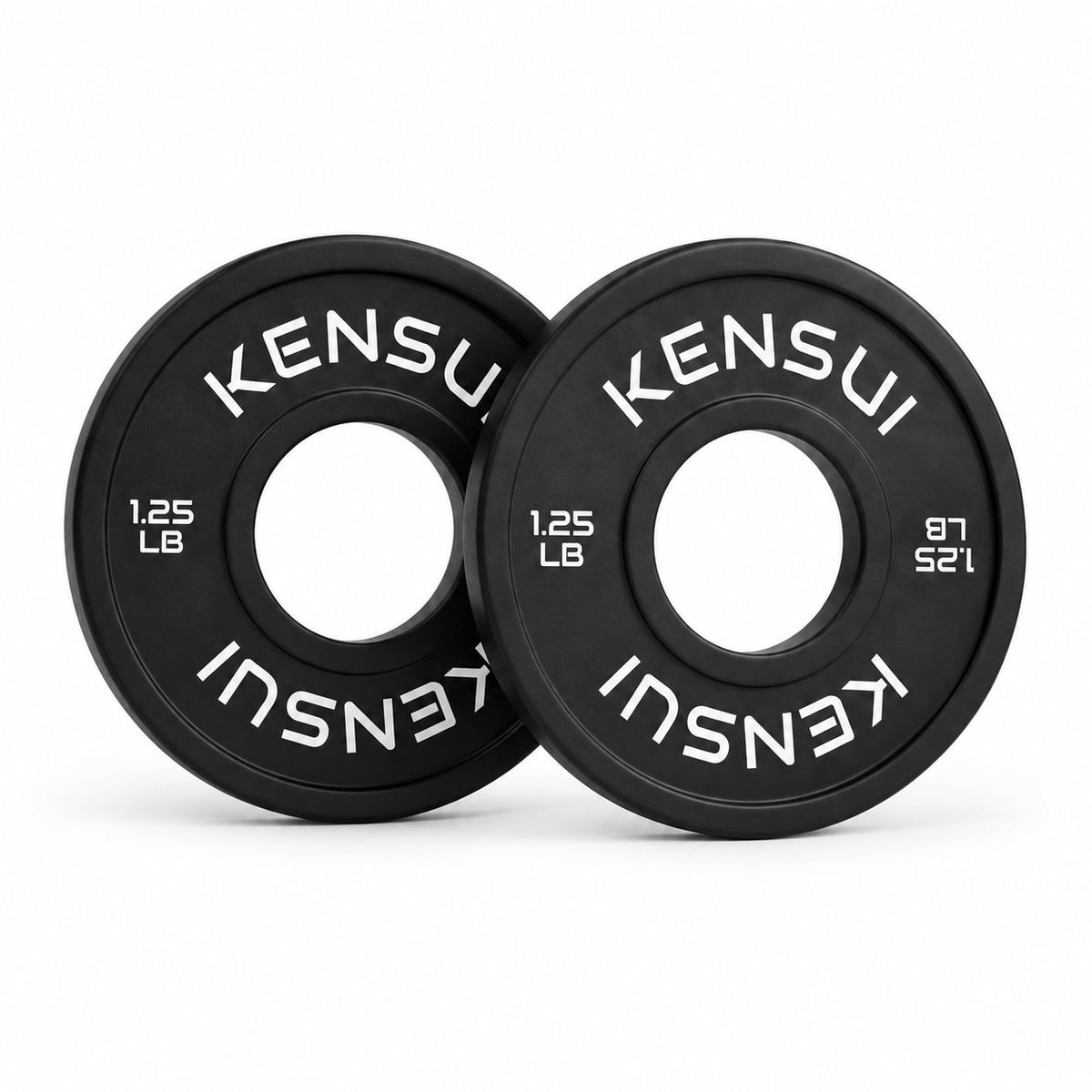 Pair of Kensui black 1.25 lb rubber change plates on a white background