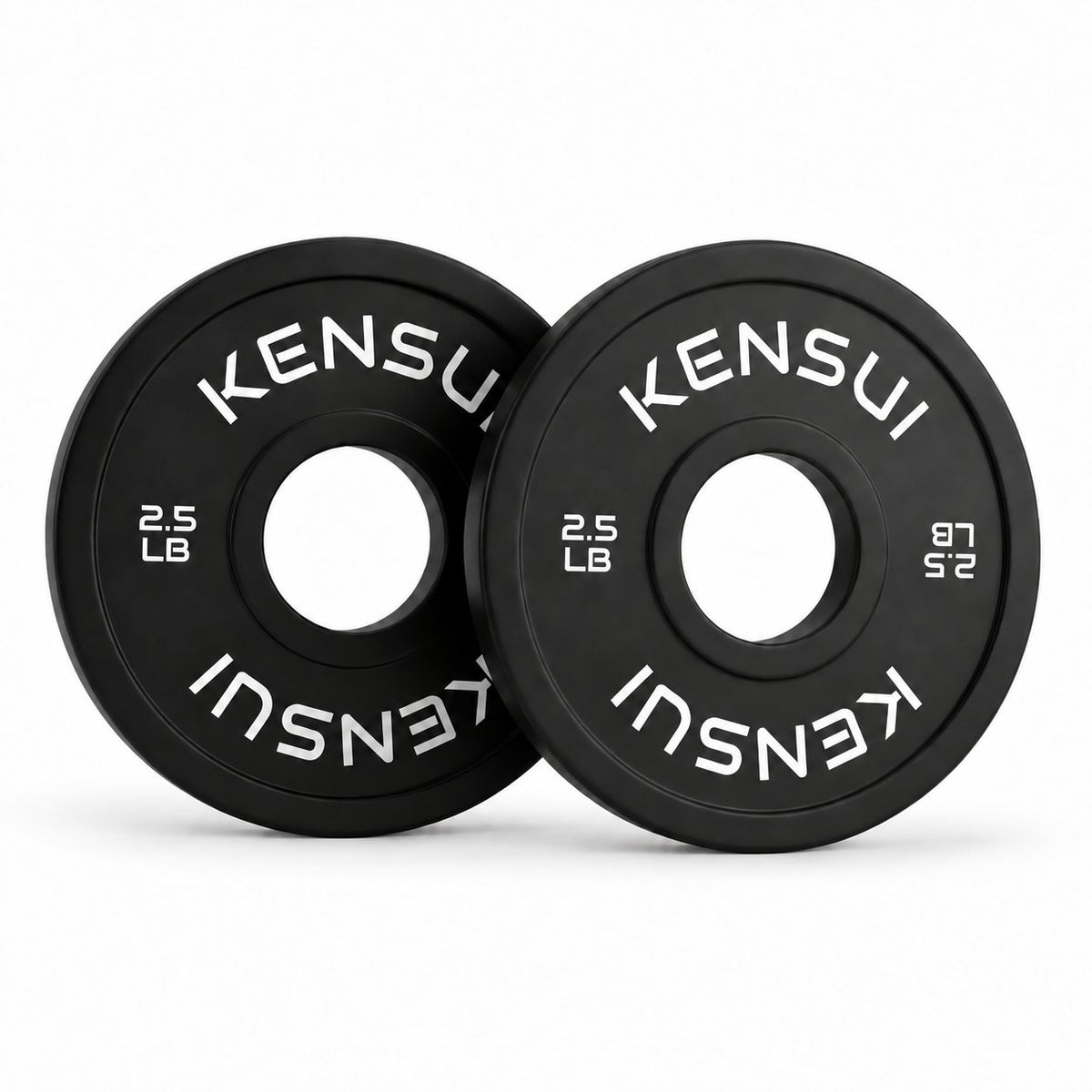 Pair of Kensui black 2.5 lb rubber change plates on a white background