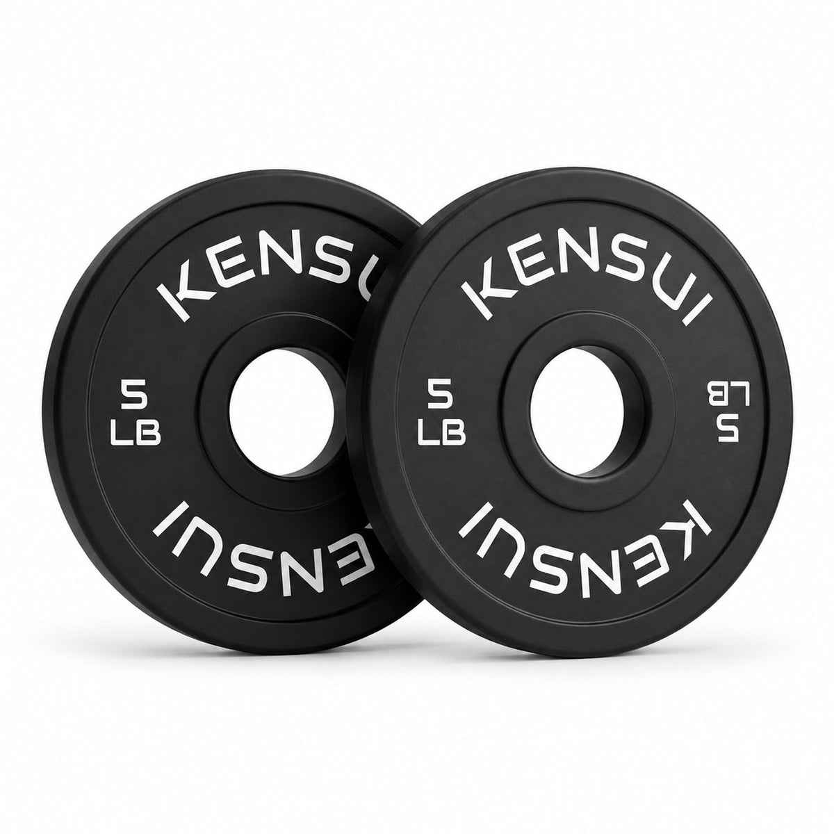 Pair of Kensui black 5 lb rubber change plates on a white background