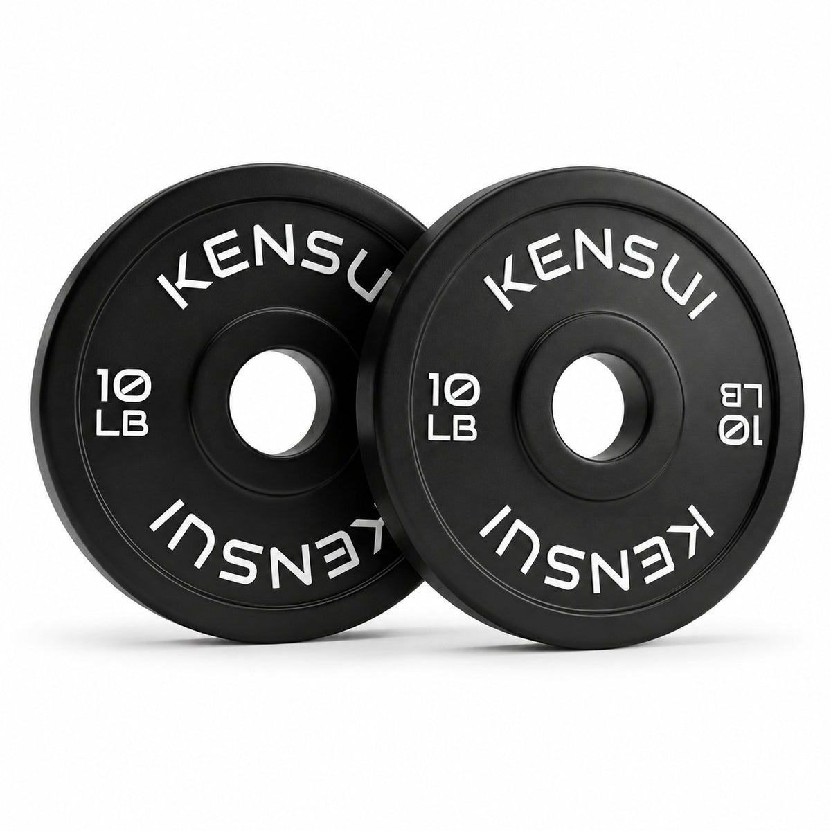Pair of Kensui black 10 lb rubber change plates on a white background