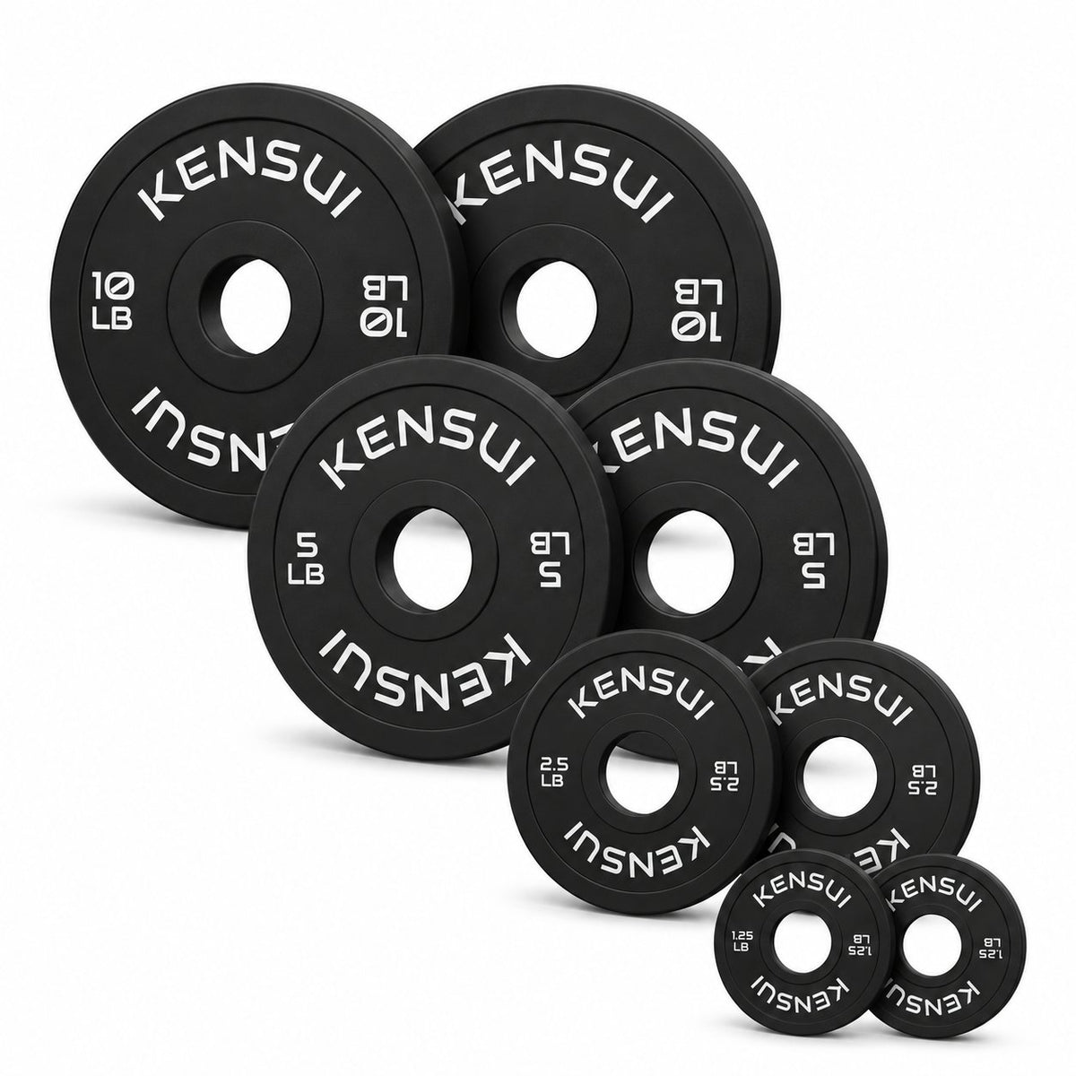 Kensui black change plate full set with pairs of 1.25, 2.5, 5 and 10 lb plates, eight plates totaling 37.5 lb