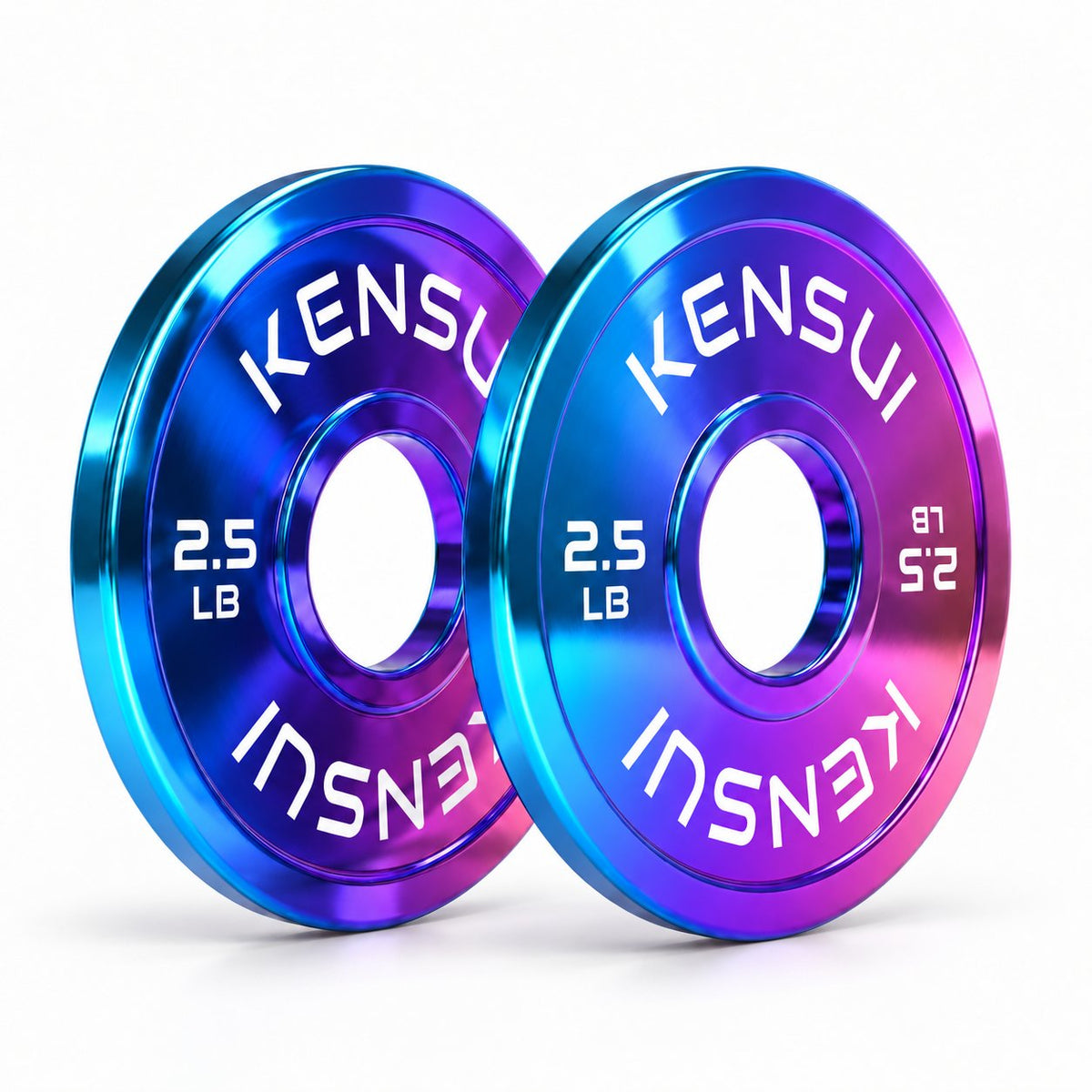 Kensui CHROMAFORGE 2.5 lb weight plate pair with polished iridescent chrome finish on white background