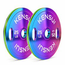Load image into Gallery viewer, Pair of Kensui ChromaForge 25 LB calibrated grip plates with an iridescent finish and green edge stripe on a white background.