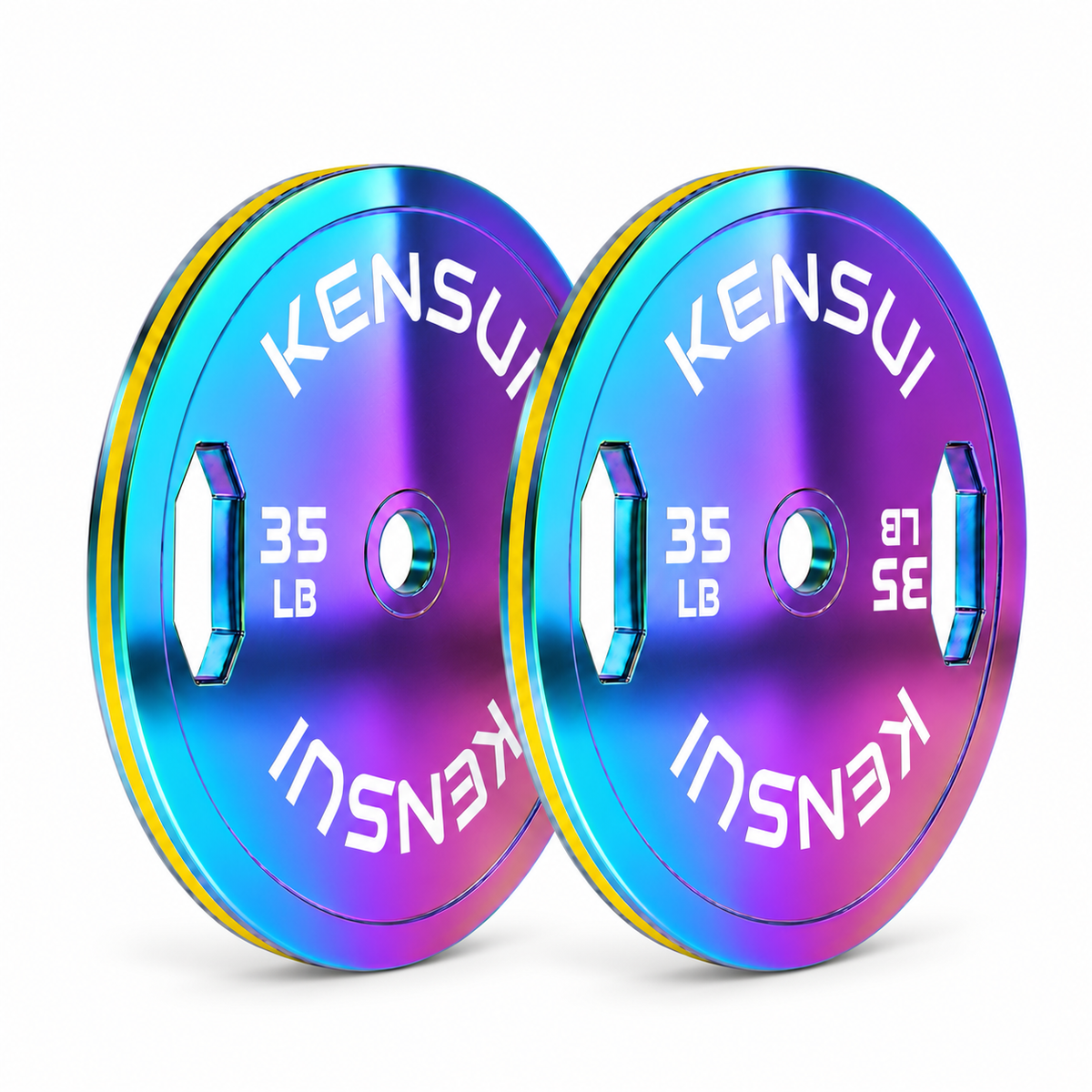 Pair of Kensui ChromaForge 35 LB calibrated grip plates with an iridescent finish and yellow edge stripe on a white background.