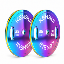 Load image into Gallery viewer, Pair of Kensui ChromaForge 35 LB calibrated grip plates with an iridescent finish and yellow edge stripe on a white background.