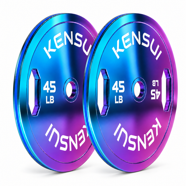 Pair of Kensui ChromaForge 45 LB calibrated grip plates with an iridescent finish and blue edge stripe on a white background.