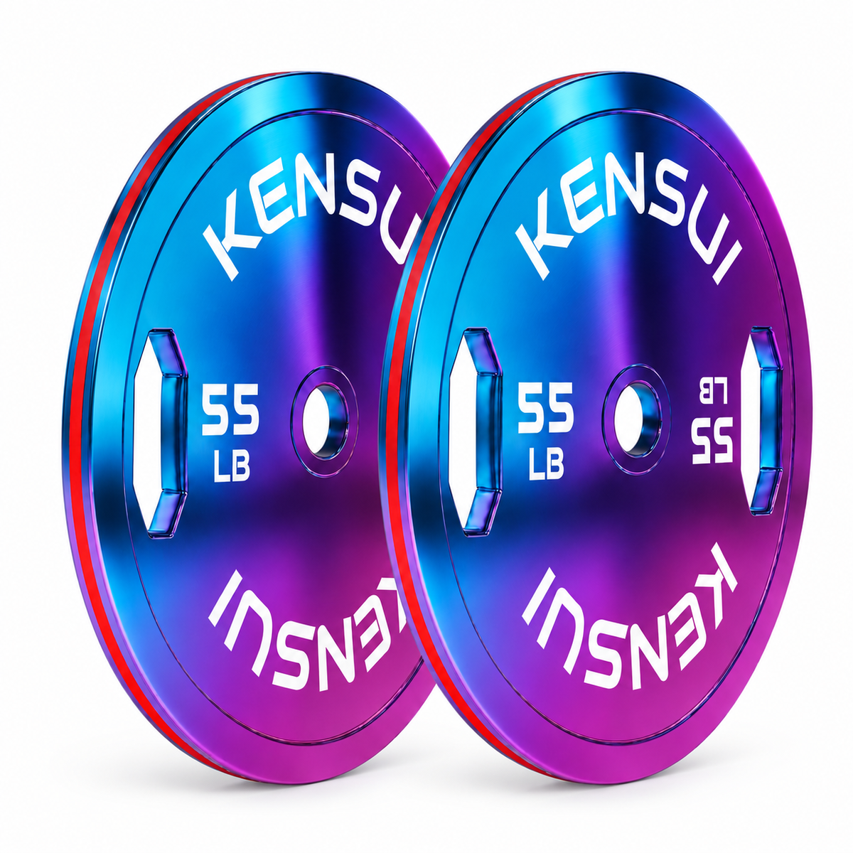 Pair of Kensui ChromaForge 55 LB calibrated grip plates with an iridescent finish and red edge stripe on a white background.