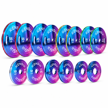 Load image into Gallery viewer, Kensui ChromaForge 14-plate full set: pairs of 55, 45, 35 and 25 LB grip plates, plus pairs of 10, 5 and 2.5 LB change plates, on a white background.