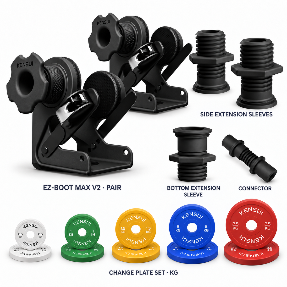 EZ-BOOT Full System components with a pair of boots, extension sleeves, connector, and paired change plates from 0.5 to 2.5 kg