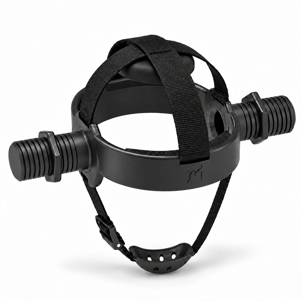 Kensui EZ-HELM V2 black neck training harness with weight sleeves and adjustable chin strap on a white background