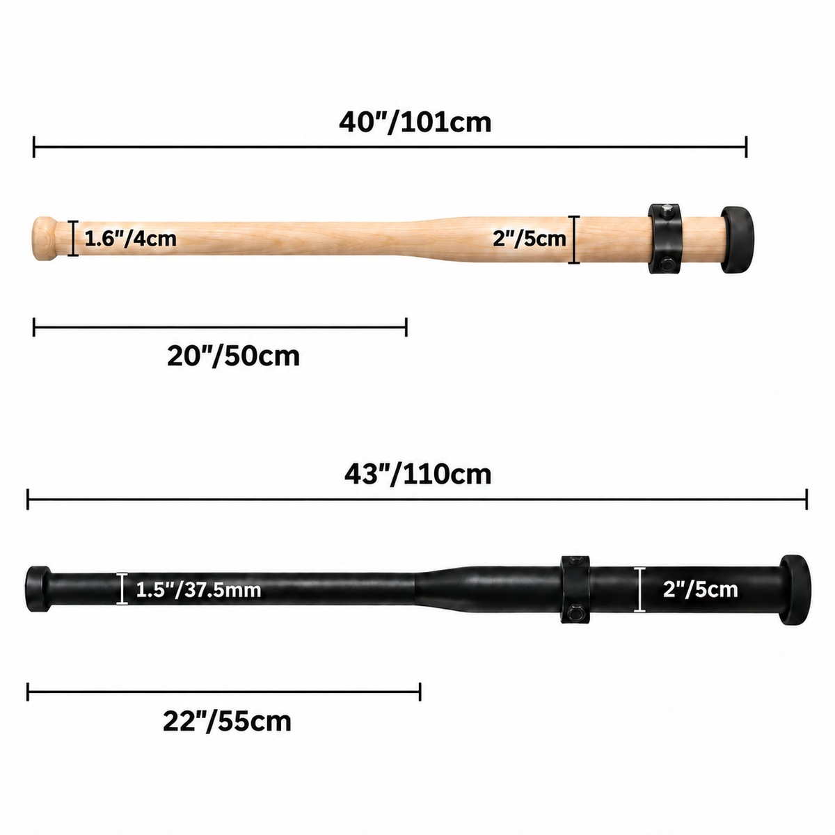 EZ-MACE Pro wood and Max steel dimensions comparison with overall lengths, handle lengths, and handle and loading sleeve diameters