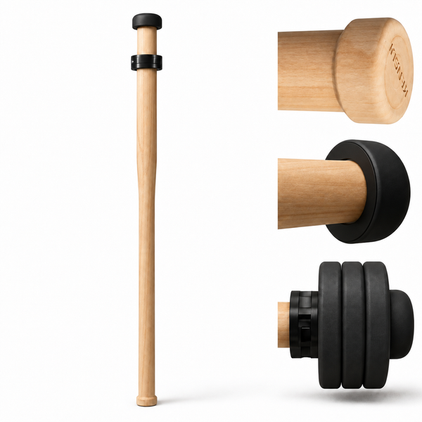 EZ-MACE Pro wooden adjustable mace with black weight plates and smooth rubber lining detail