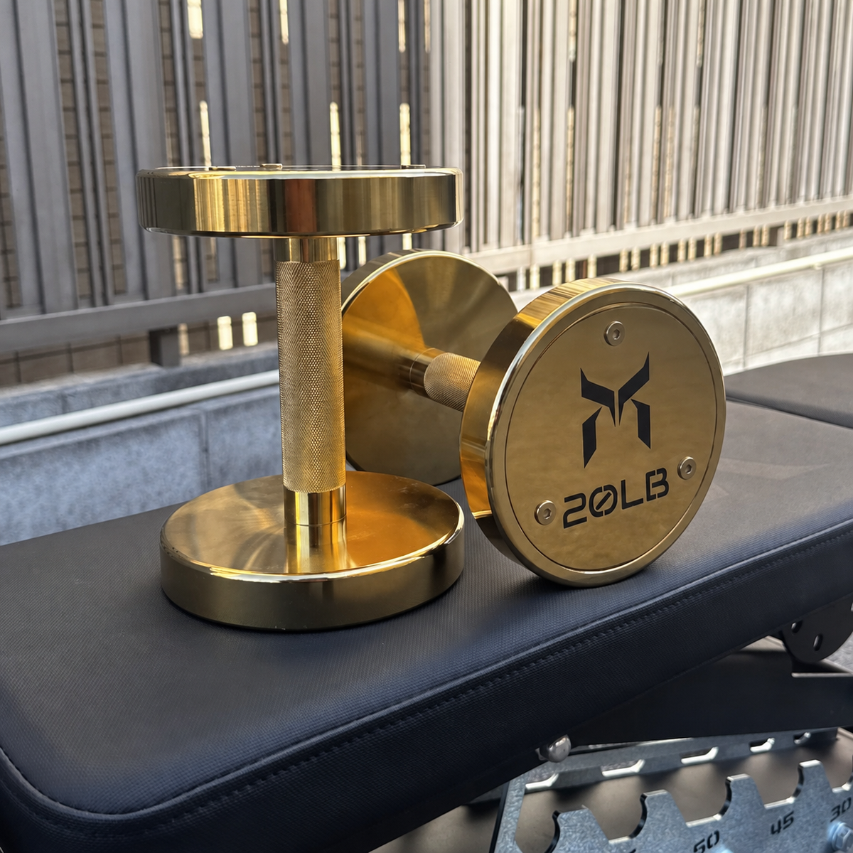 Two gold 20 lb dumbbells on a black workout bench.