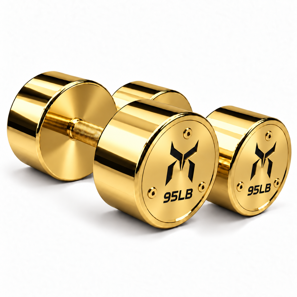 Pair of polished gold 95LB dumbbells on a white background