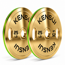 Load image into Gallery viewer, Pair of Kensui 25 LB calibrated grip plates with a polished warm gold finish, black weight markings and green rim stripe on white.